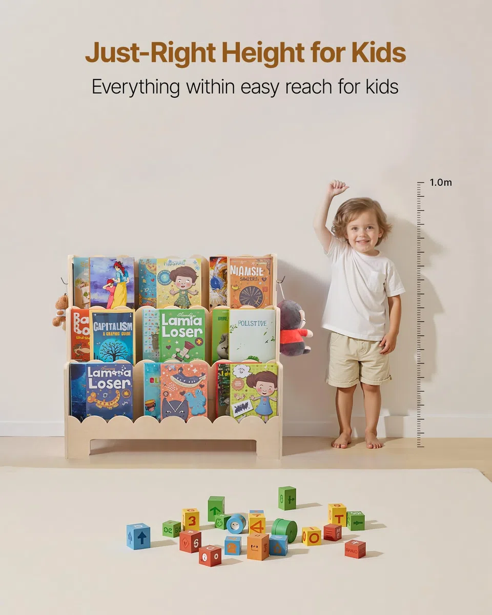 VEVOR Montessori Bücherregal 3-stöckiges Kinderbücherregal mit Wellenschliff, nach vorne gerichtetes Büchergestell mit Doppelhaken, Babybücherregal Kinderzimmerregal für Vorschule Kindergarten