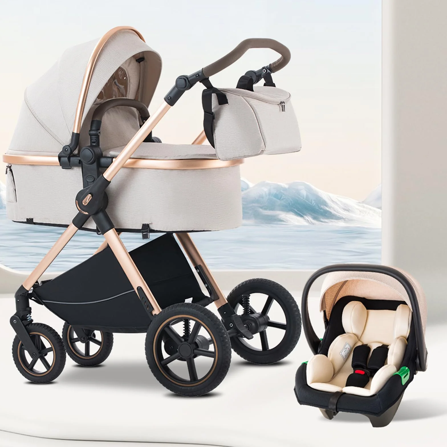 BEBBY 3-in-1 Kinderwagen Kombi-Set faltbar Luxus Neugeborenes Travel System (D2-RICEWHITE, H2-D)