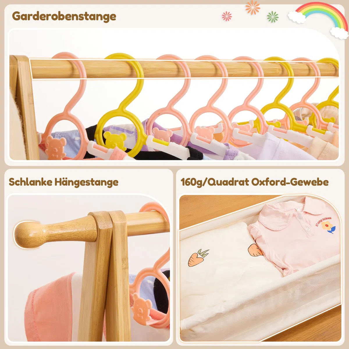 Yorbay Kinder Kleiderständer Bambus Garderobenständer mit Aufbewahrungskiste, Kindergarderobe mit Kleiderstange, für Baby- & Kleinkinderzimmer, Mädchen & Jungs (Natur)