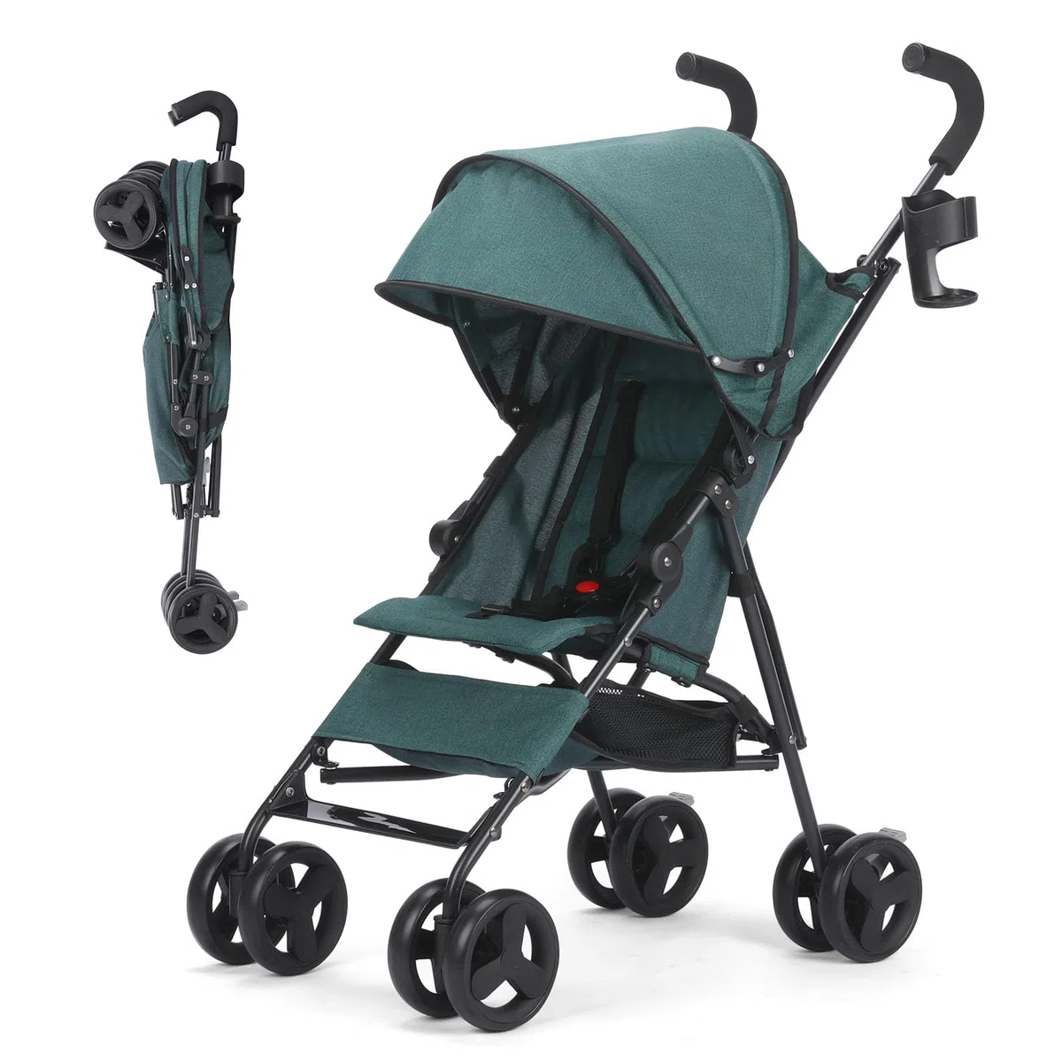 Faltbar Regenschirm Kinder-Buggy Kinderwagen, Leicht Regulierbarer 5-Punkt-Sicherheitsgurt, Zusammenklappen mit einer Hand, großes Verdeck, Robuster alle 4 Räder gedämpft, Einkaufskorb (Dunkelgrün)