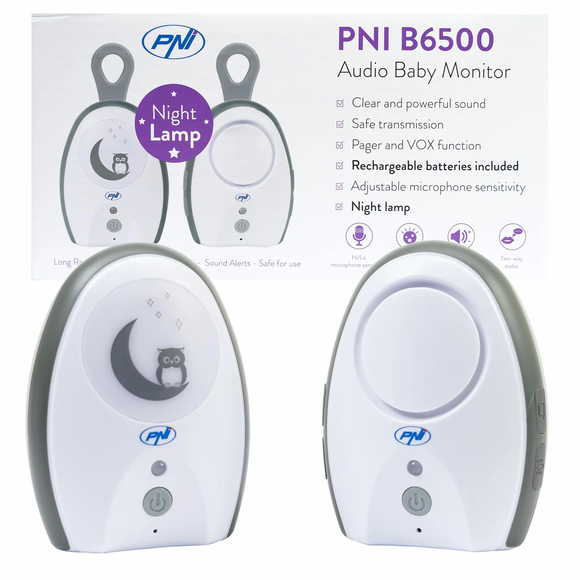 Audio Babyphone PNI B6500 kabellos, Gegensprechanlage, mit Nachtlampe, Vox- und Pager-Funktion, einstellbare Mikrofonempfindlichkeit
