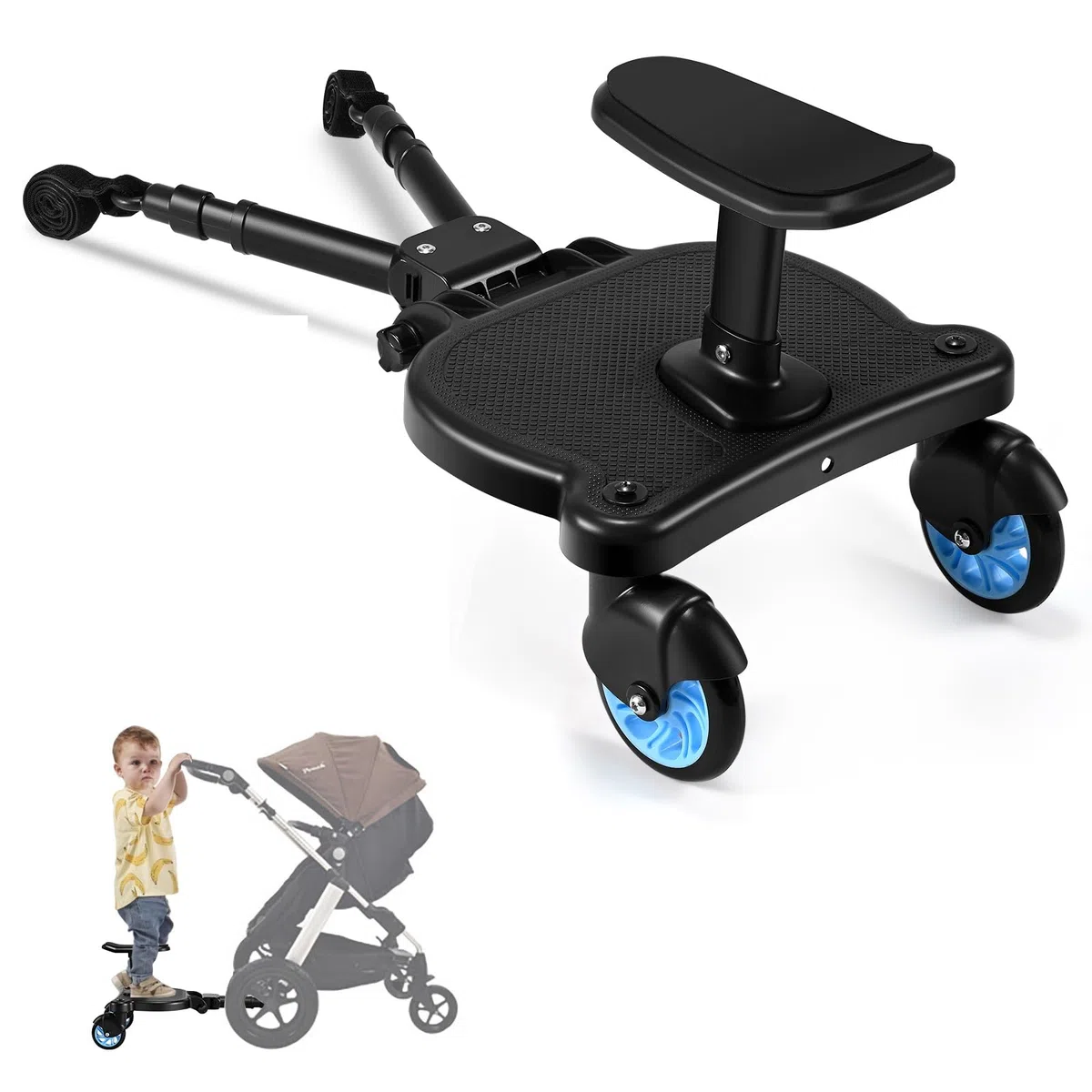 Buggy Board mit Sitz, Buggy Board für alle Kinderwagen, Trittbrett Mitfahrbrett universal, Kiddy Board für Kinder von 2-6 Jahren, Bearing 25KG (Blau)