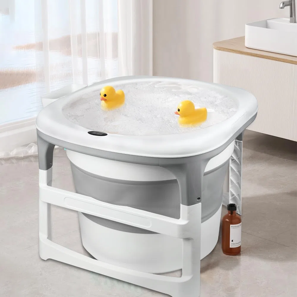 Große faltbare Badewanne für Babys bis 18 kg, XXL-Babydusche, rutschfeste Füße, Ablaufstopfen, Kapazität 200 l (grau, rund, 67 x 67 x 61 cm)