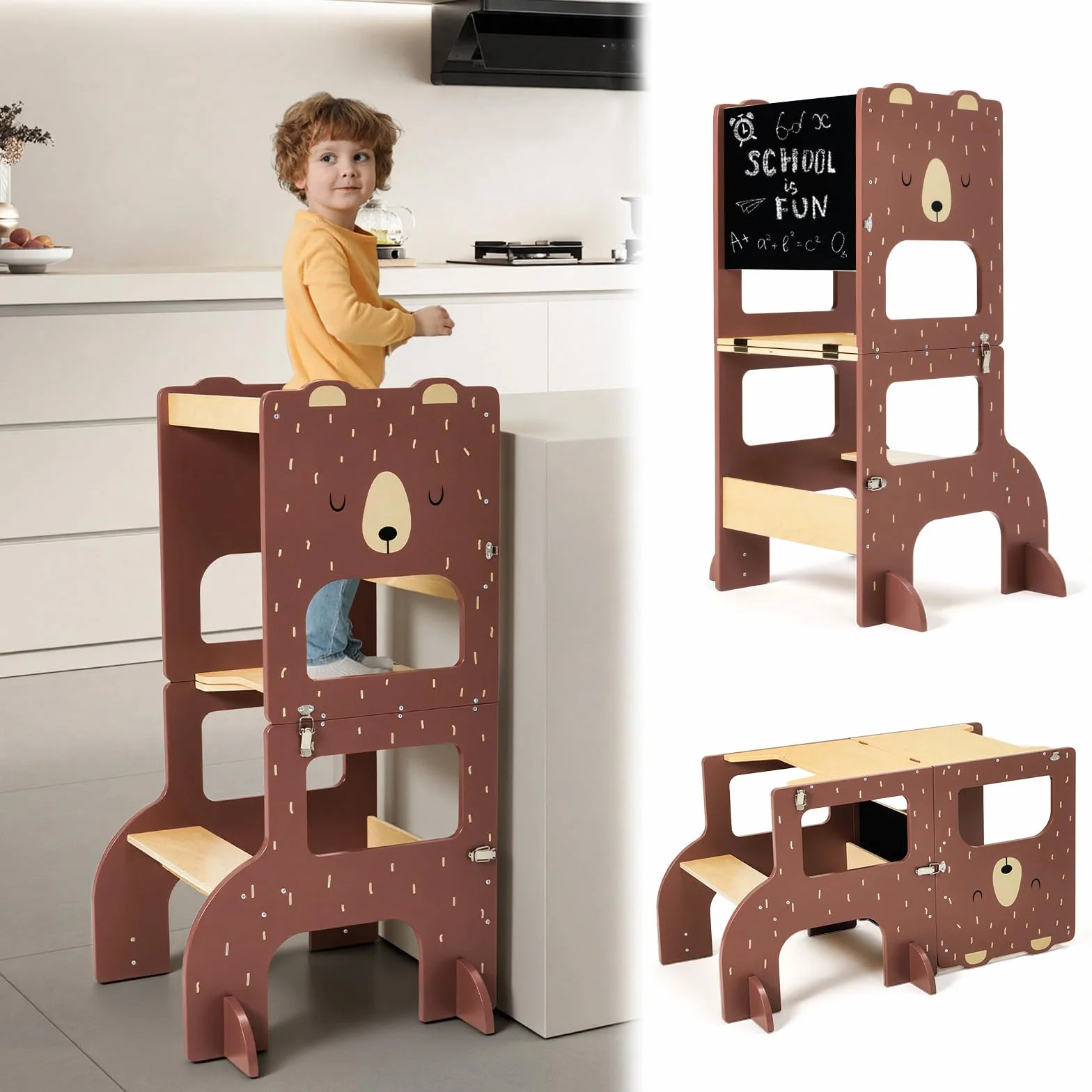 labebe lernturm ab 1 Jahr, Großformat Montessori Lernturm klappbar, 3 in 1 Multifunktion Learning Tower mit Zeichnung Kreidetafel-brauner Bär