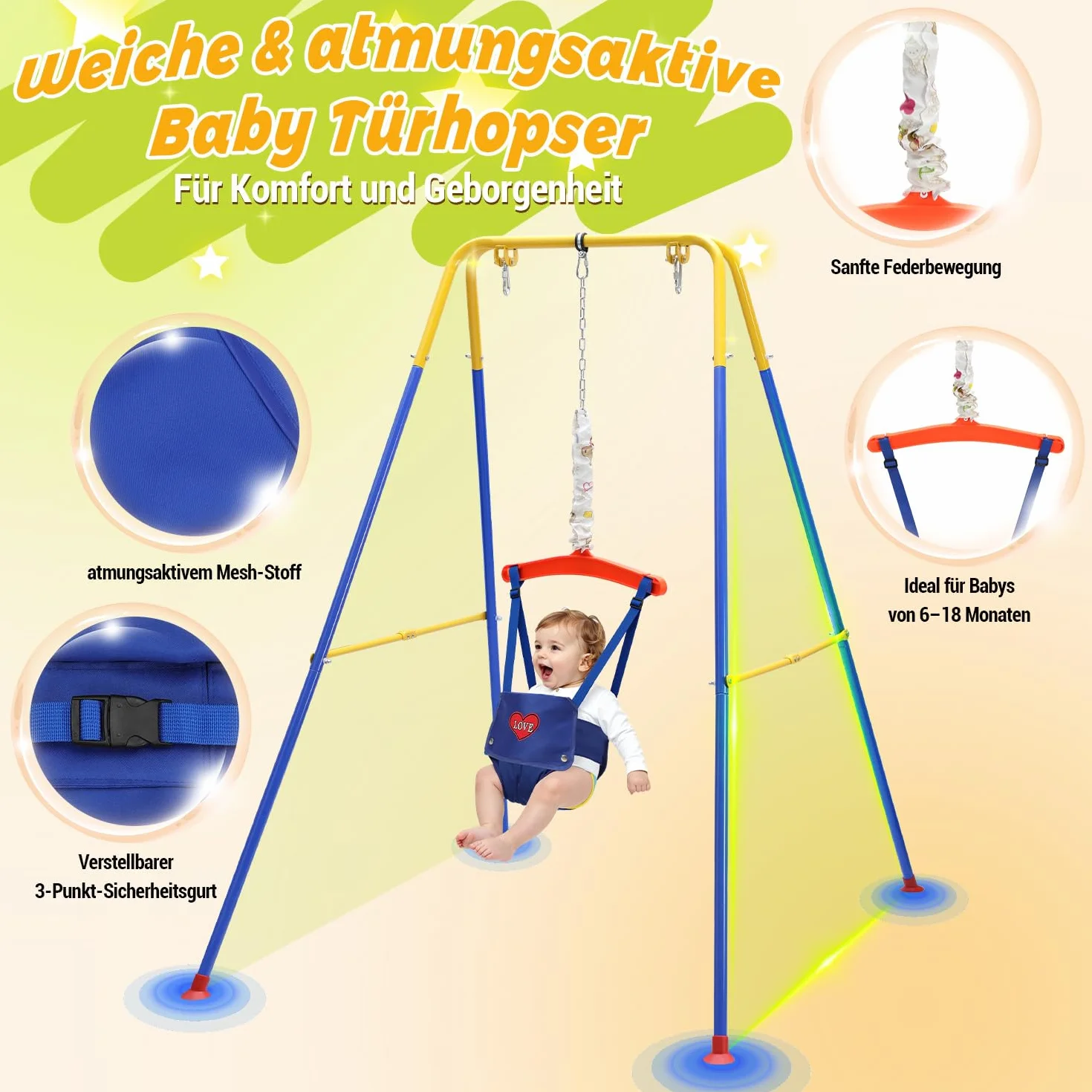 Babyschaukel & türhopser Baby 4-in-1 Set mit Gestell - Kinderschaukel, Baby Jumper mit Sicherheitsgurt, klappbar & 4 Sandsäcken - Für Drinnen & Draußen, einfach zu montieren