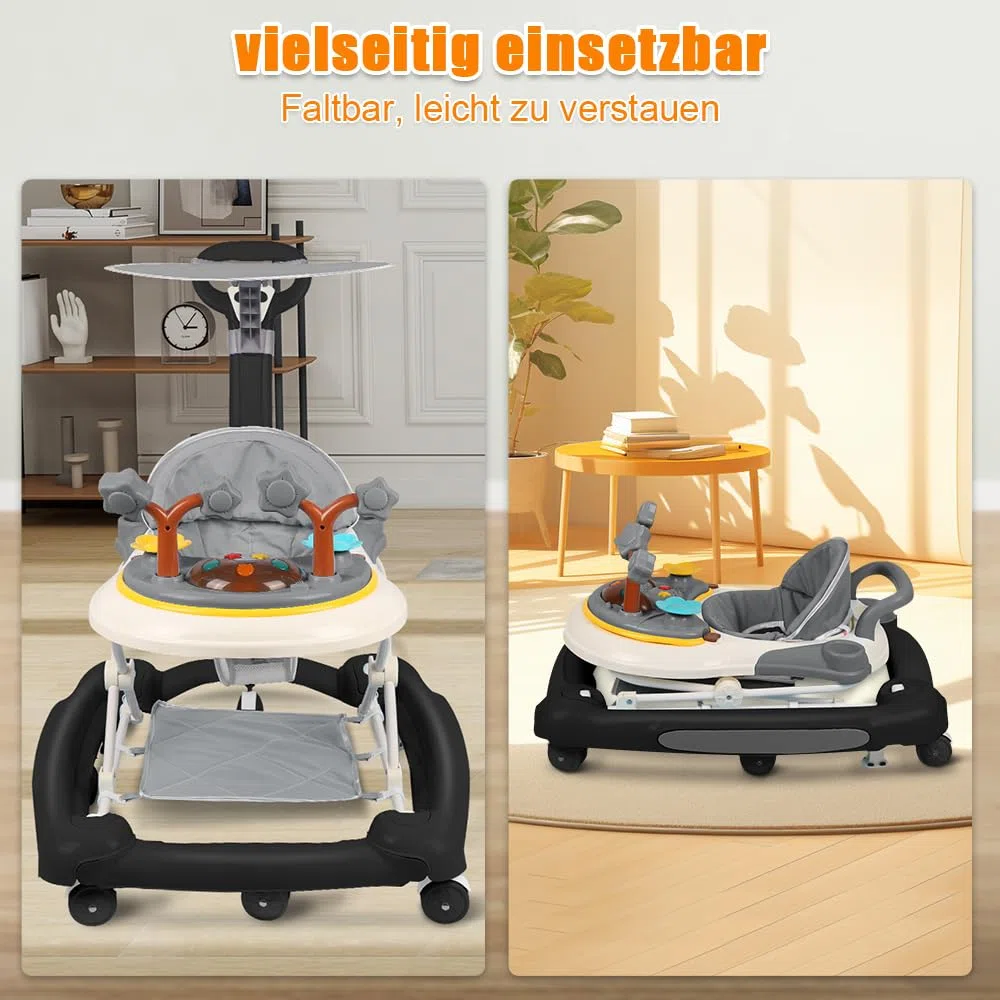 5-in-1 Lauflernhilfe für Babys, 5 Höhenverstellung und Klappbar, Gehfrei Babywalker ab 6 Monate, bis zu 20 kg mit Fußmatte+Schub+Sonnenschutz (Schwarz)