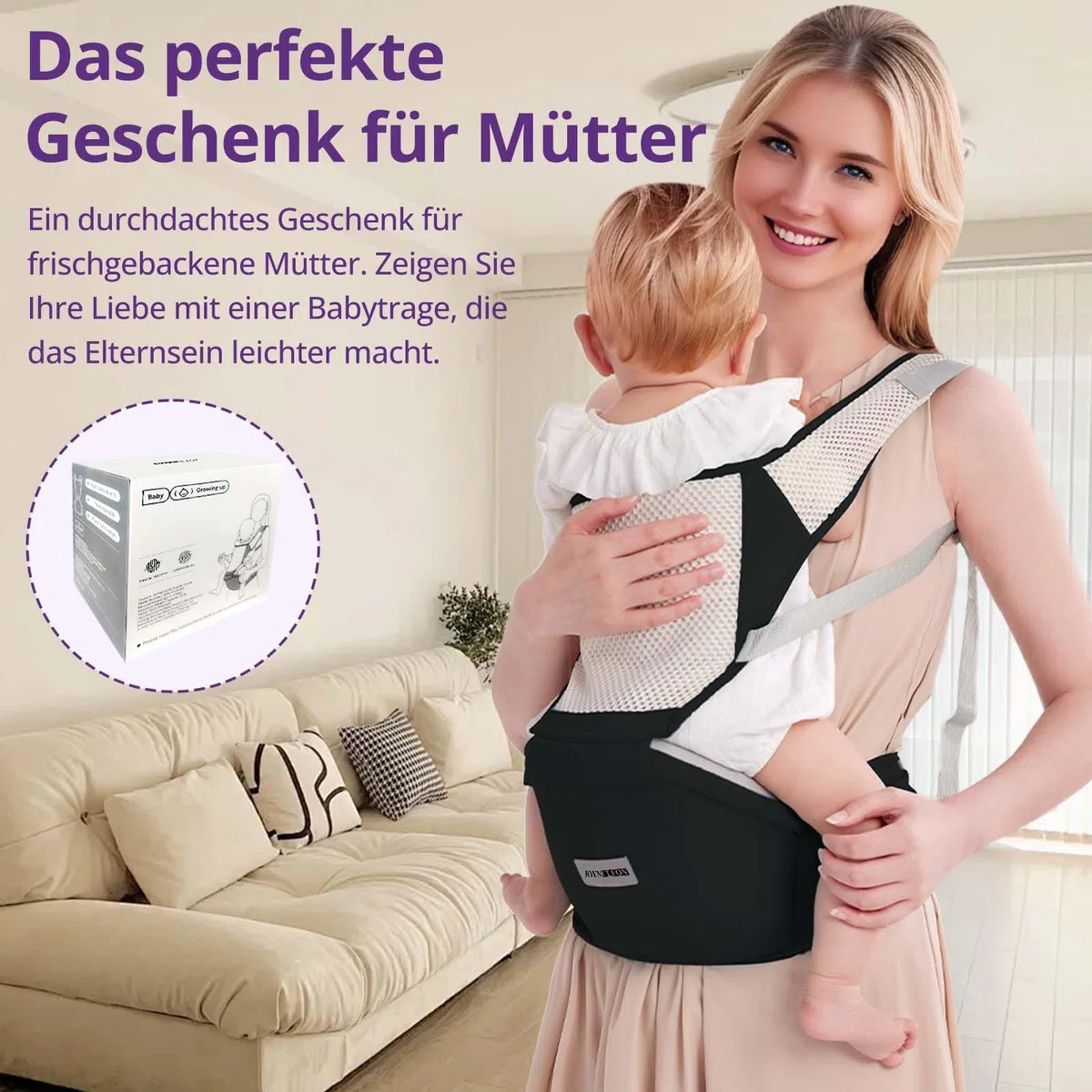 Ergonomische Babytrage mit Verstellbarem Gurt - 6-in-1 Neugeborenen-Kleinkind-Tragetuch, Atmungsaktive Mesh-Babytrage für Sommer, Kompakt für Reisen & Outdoor-Abenteuer (Schwarz)