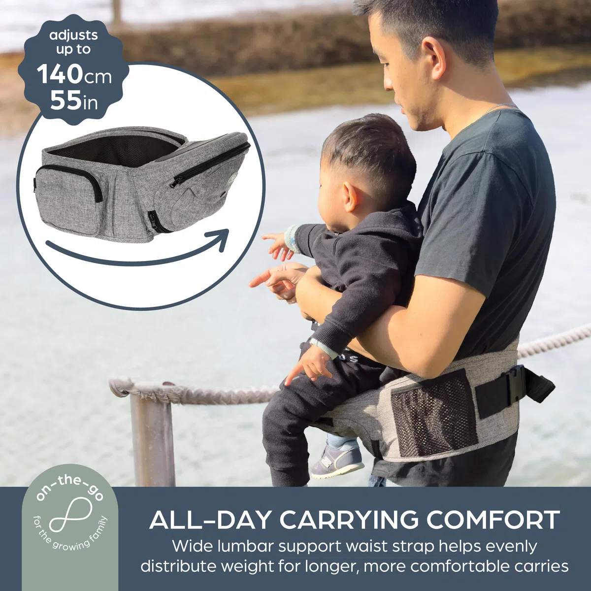 Dreambaby Up & Go Hüftsitz-Tragetasche, leichte Babyhalterung mit Aufbewahrungstaschen, ergonomische Kleinkind-Hüftstütze, verstellbarer Bund, geeignet für Kinder von 3,5-18 kg