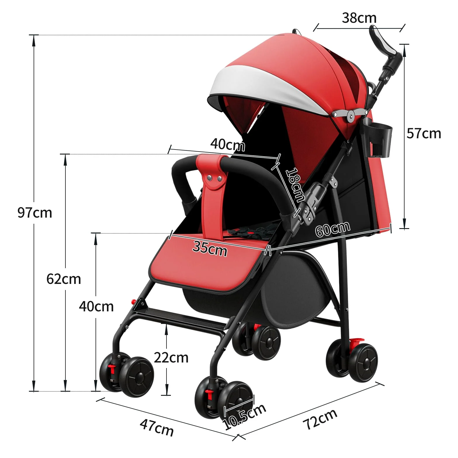 WODFARR Kompakter Buggy, Liegeposition, 0-4 Jahre, 25 kg, 4 Räder, Baumwollmatte + Moskitonetz (A, Rot)