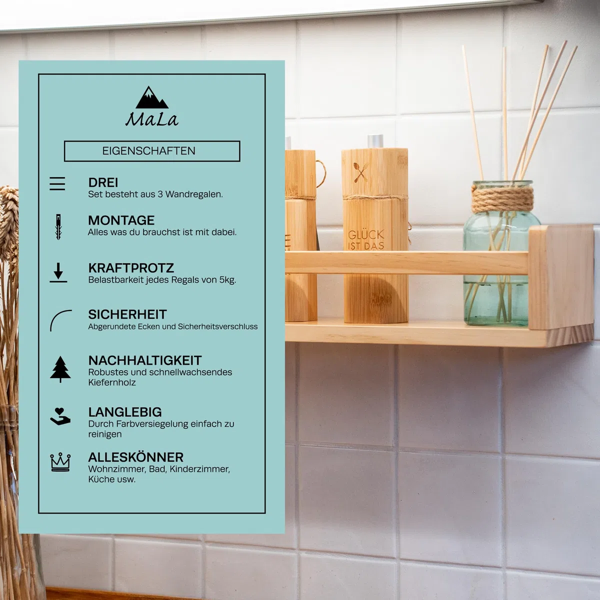 MaLa - 3er Set Natur Bücherregale aus Massivholz – Schweberegal Kinderzimmer Badezimmer Küche Wohnung – Montessori Wandregal für Spielzeug Bilder und Bücher | Abgerundete Ecken