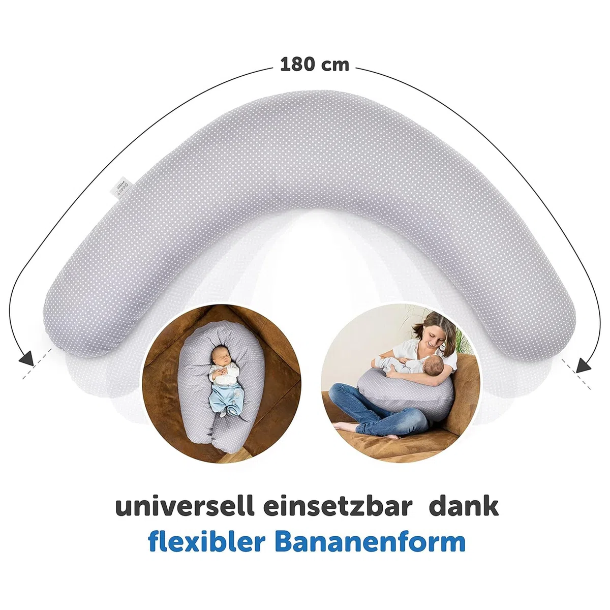 Theraline Stillkissen & Schwangerschaftskissen Dodo Pillow Premium - 180 cm inkl. Bezug aus Baumwolle - Leise und feine Perlen, schadstoffgeprüft, maschinenwaschbar - Punkte Grau