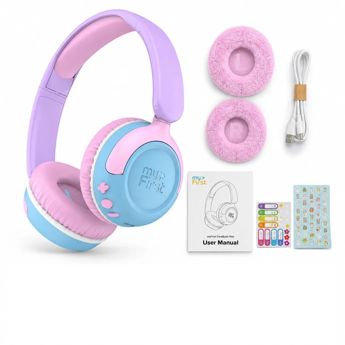 myFirst CareBuds Max – Kabellose Kopfhörer für Kinder mit Mikrofon, austauschbare Ohrpolster, intelligente Lautstärkebegrenzung, 52 Stunden Spielzeit, schnelles Aufladen (Cotton Candy Mix)