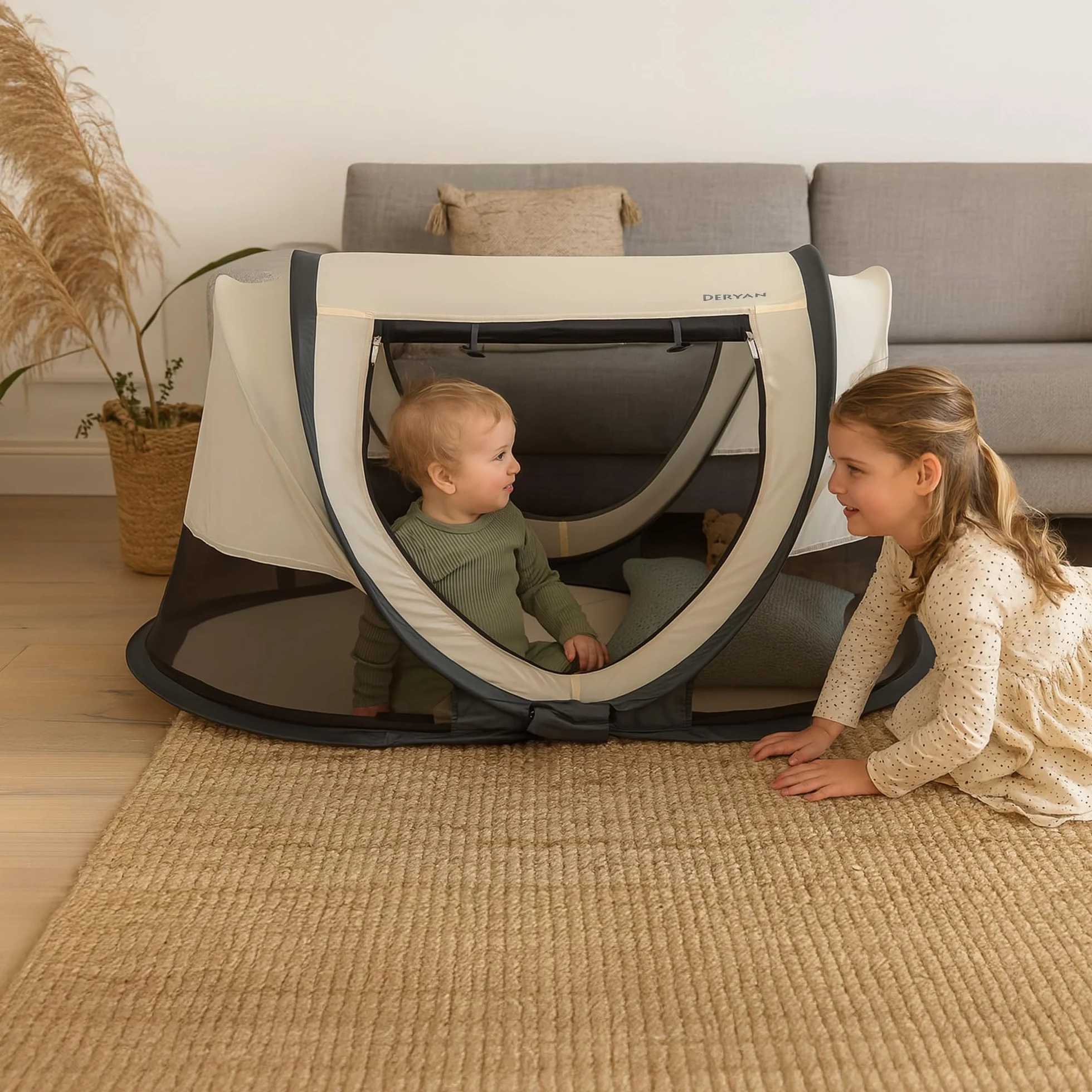 Deryan Scott Baby & Kinder Reisebett - ab Geburt bis 3 Jahre, Pop Up Kleinkindbett Babyzelt in 2 Sekunden aufgestellt, inkl. Moskitonetz & Reisetasche, Schnell & Kompakt Faltbar (Creme)