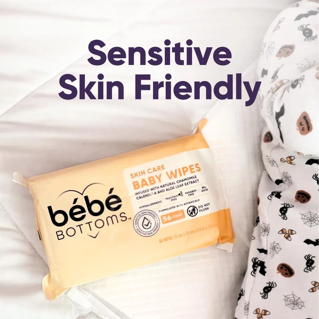 Bébé Bottoms Hypoallergenes Gesichtstuch und Baby-Feuchttücher – parfüm- und parabenfrei, empfindliche Haut – Reiseutensilien, Baby-Essentials – ideal für Familien unterwegs (56 Stück)