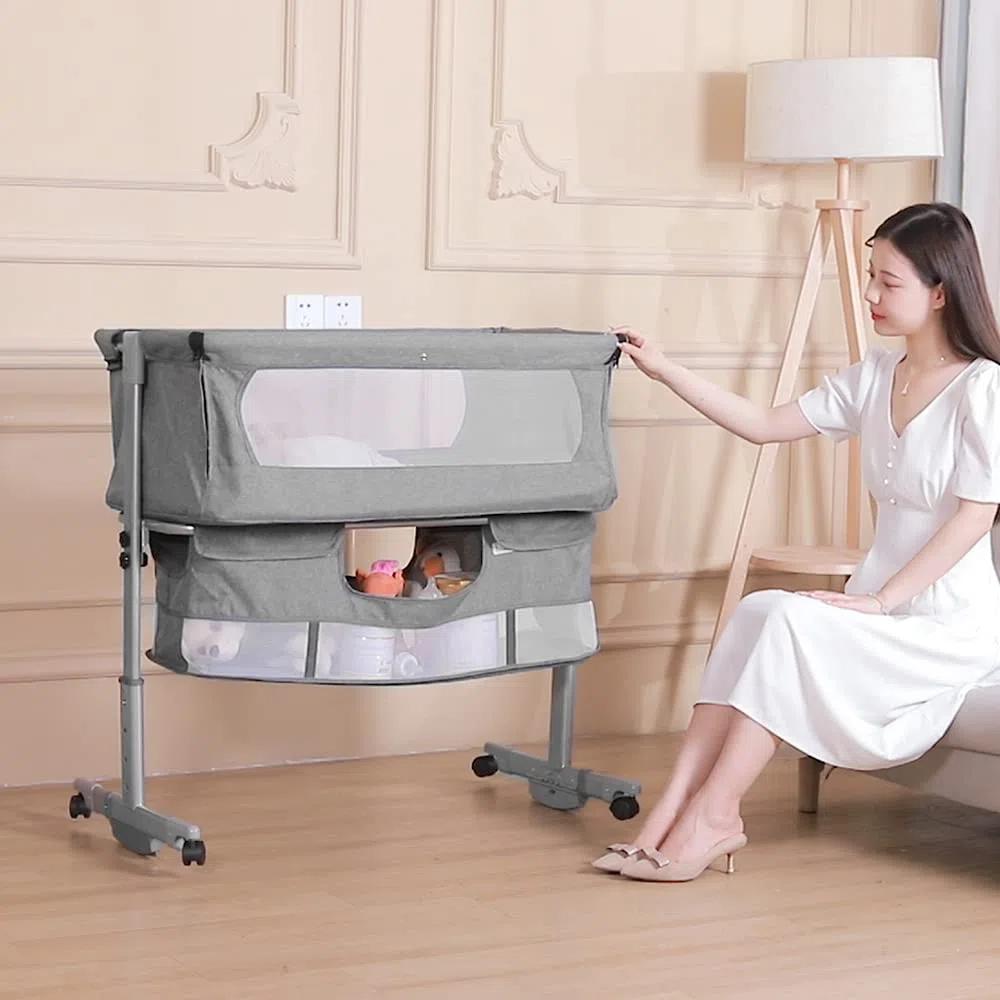 OHMG 3 in 1 Babybett,Beistellbett mit Aufbewahrungskorb,Wiege,Höhenverstellug und Einstellung der Neigung der Matratze,4 Räder mit Bremse Ergonomische Matratze,Verstellbarer,Tragbares