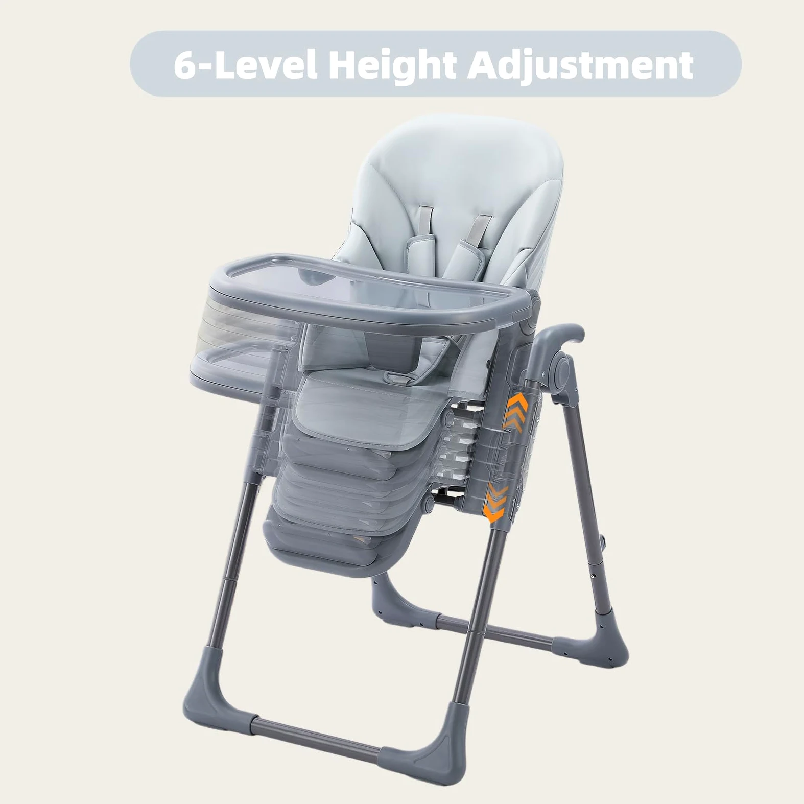 Baby Hochstuhl Klappbar & Höhenverstellbar, Komfort Kinderhochstuhl mit Liegefunktion, Faltbarer Hochstuhl mit Tablett, 5-Punkt-Gurt & Rollen, Platzsparend (Grau)