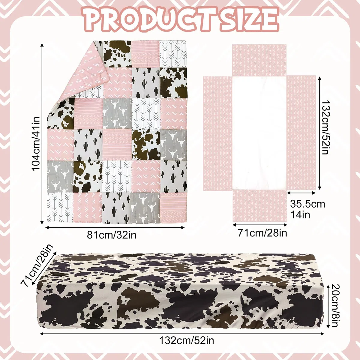 Hahafelt 3-teiliges Patchwork-Bettwäsche-Set für Jungen und Mädchen, Kuh-Kaktus-Druck, Baby-Bettwäsche, Barnyf, Western-Kinderzimmer, Dekoration, weiches Baby-Bettwäsche-Set mit Steppdecke