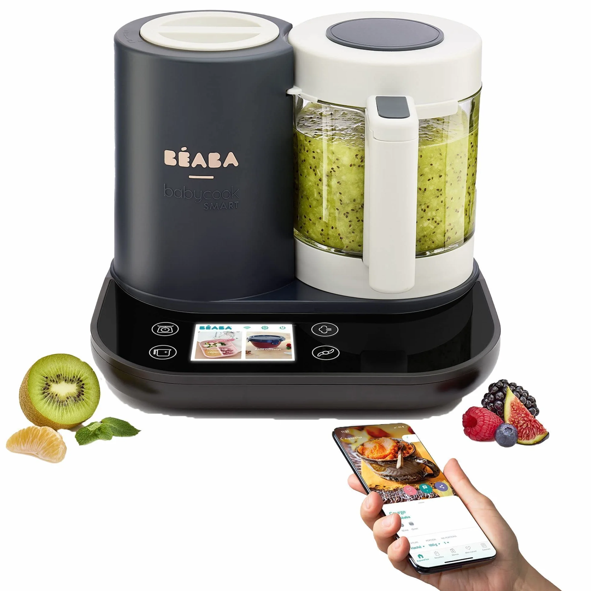 BÉABA Babycook Smart Babynahrungszubereiter 2.25L Edelstahlkorb Glasschüssel Dampfgaren Touchscreen App Anthrazit