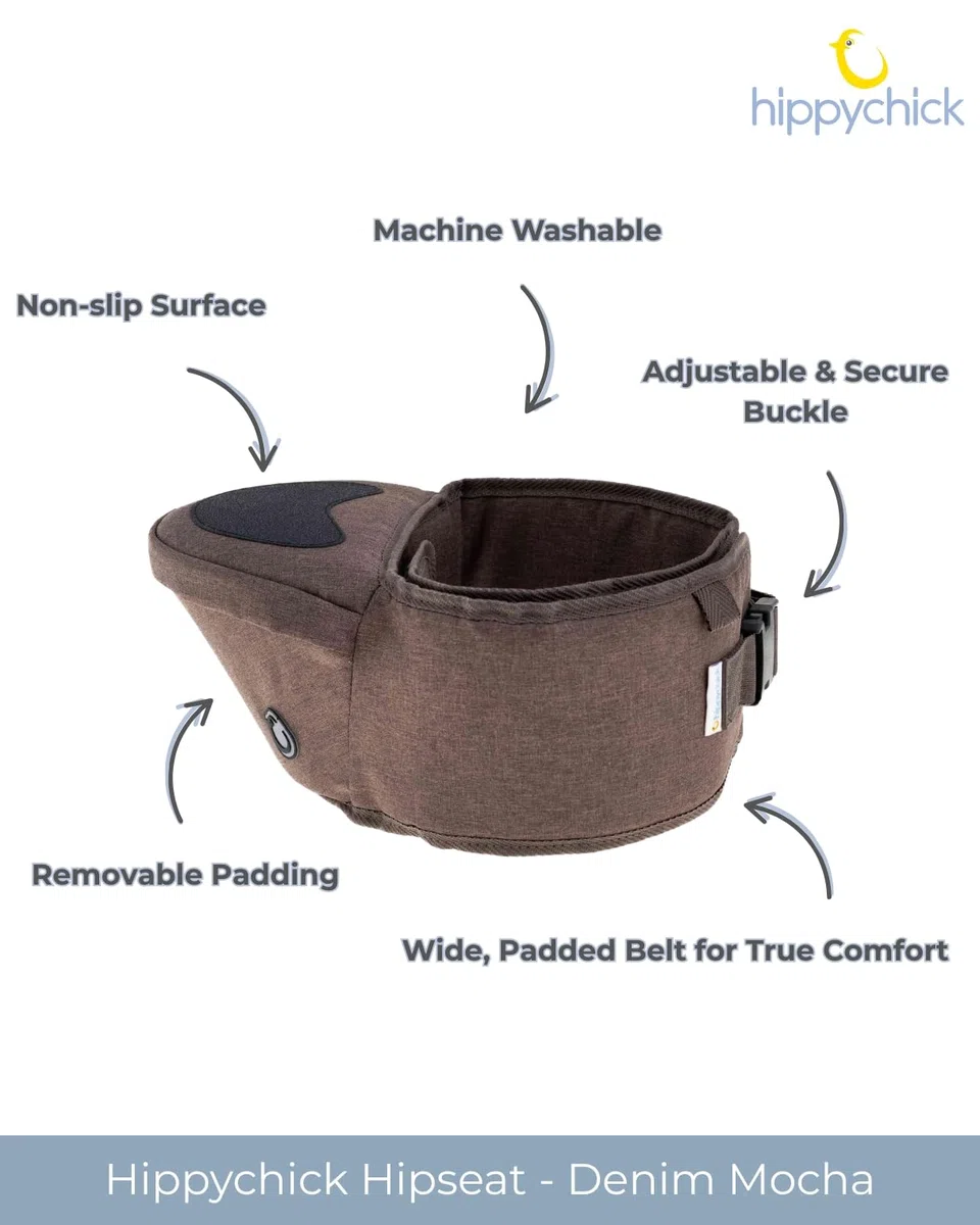 Hippychick Hipseat Babytrage Braun Leichte Rückensparende Unterstützung Taillenhocker Ergonomisches Design Verstellbarer Gurt Geeignet für Säuglinge von 6 Monaten bis 3 Jahren Denim Mokka