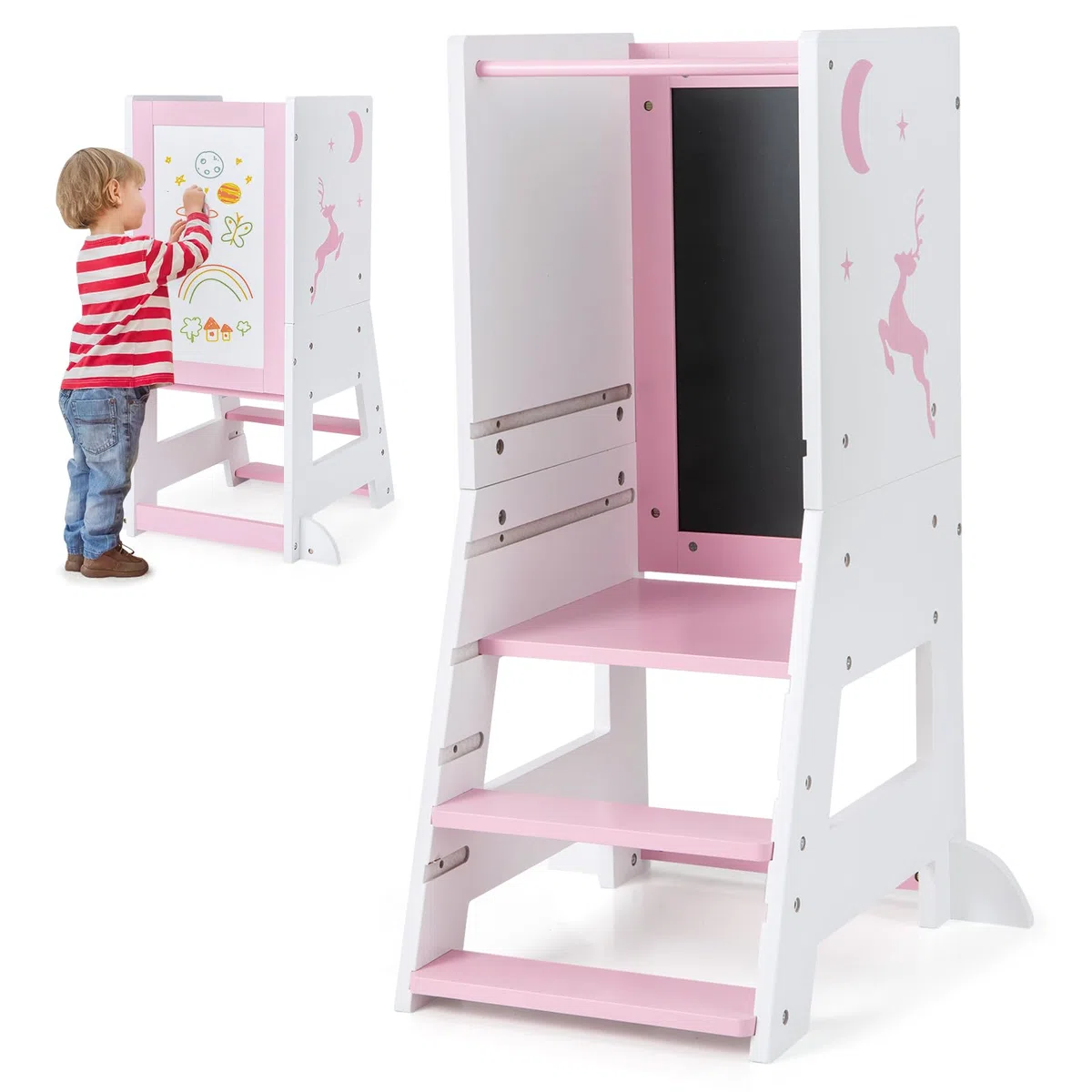 GOPLUS Lernturm Kinder, Mehrzweck-Tritthocker aus Holz mit 3 verstellbare Höhen, Lernstuhl Baby mit Whiteboard, Tafel, 3 Stiften, für Kinder ab 1 Jahren, 37 x 50 x 87 cm (Rosa)