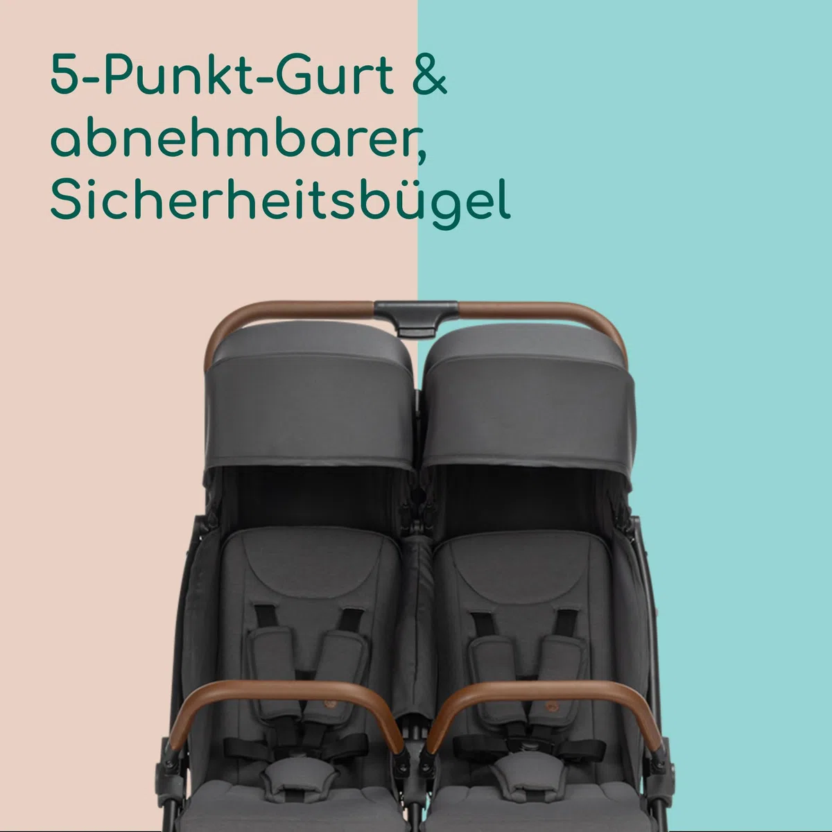 Bebeconfort Mane Duo Geschwisterwagen 0+ bis 22 kg Automatisches Klappsystem Liegeposition Drehbare Sicherheitsbügel 5-Punkt-Gurt Regenverdeck Mineral Graphite