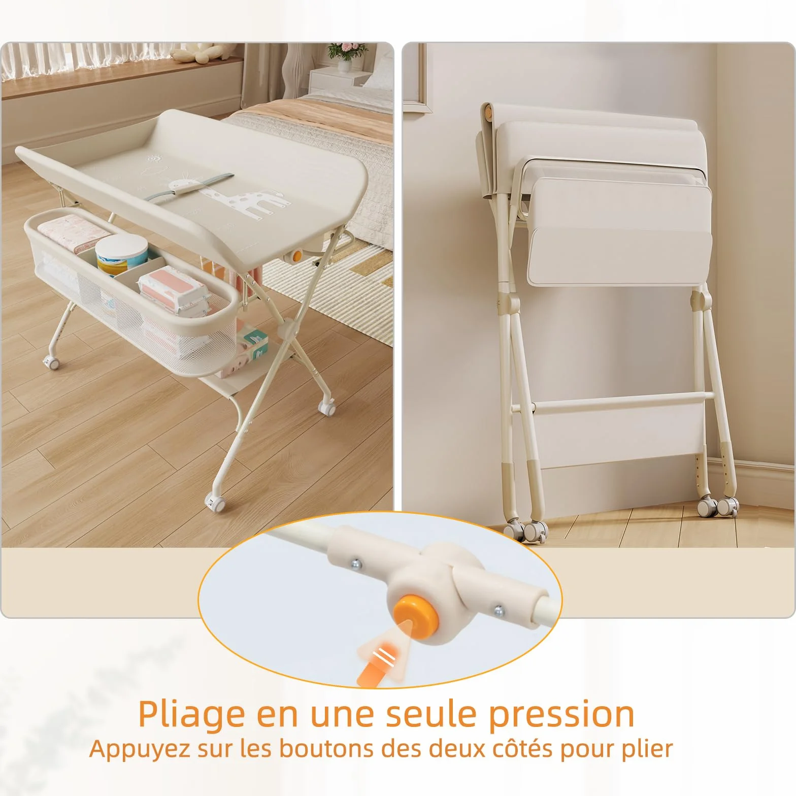 OHMG Wickeltisch für Babys,tragbarer klappbarer Wickeltisch mit Rollen,Mobile wickeltisch klappbar,wasserdicht und höhenverstellbar,Baby Changing Table für Neugeborene (A-Milchweiß)