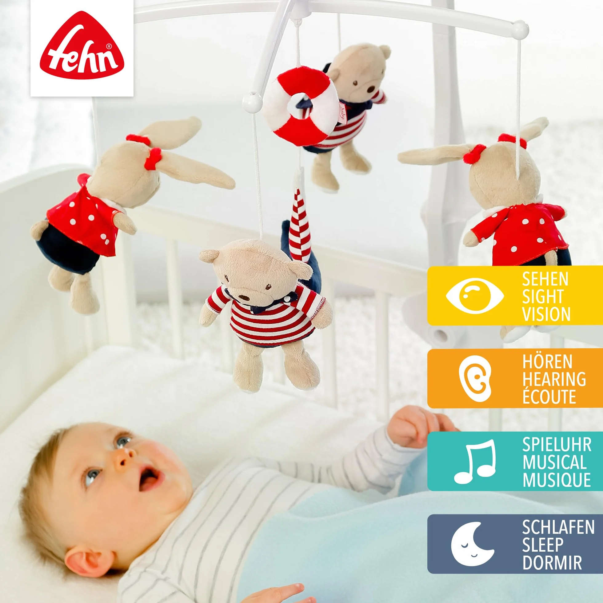 Fehn Musik Mobile Ocean Club - Baby Einschlafhilfe Musikspielzeug mit süßen Tieren - Babymobile Spieluhr Melodie "Der Mond ist aufgegangen" - Musikmobile Babybett Spielzeug für Babys von 0–5 Monaten