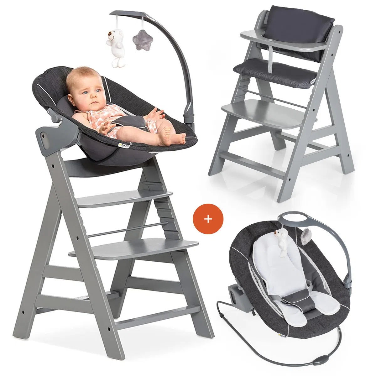 hauck Alpha+ Hochstuhl Newborn Set mit Deluxe Bouncer - Grau | Mitwachsender Holz Kinderhochstuhl ab Geburt bis 90 kg | inkl. Neugeborenenaufsatz & Sitzkissen