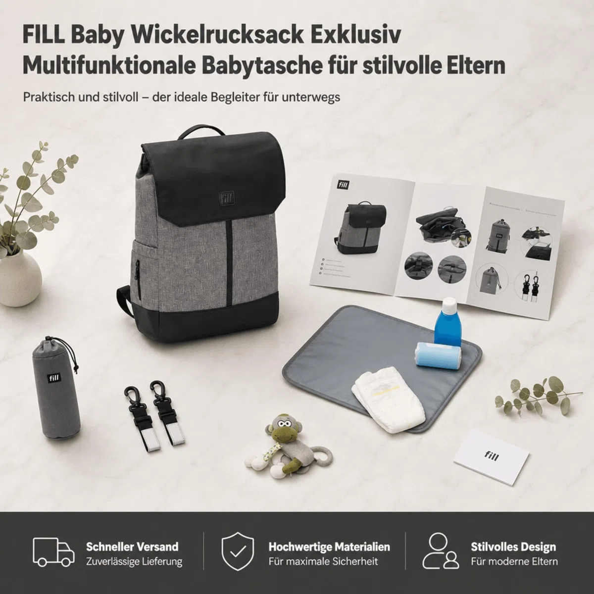 FILL Baby Wickelrucksack Exklusiv | Grosse Wickeltasche Mama Rucksack mit Flaschenwärmer und Wickelunterlage | Babyreisetasche Reisetasche für Unterwegs | Multifunktionale Babytasche