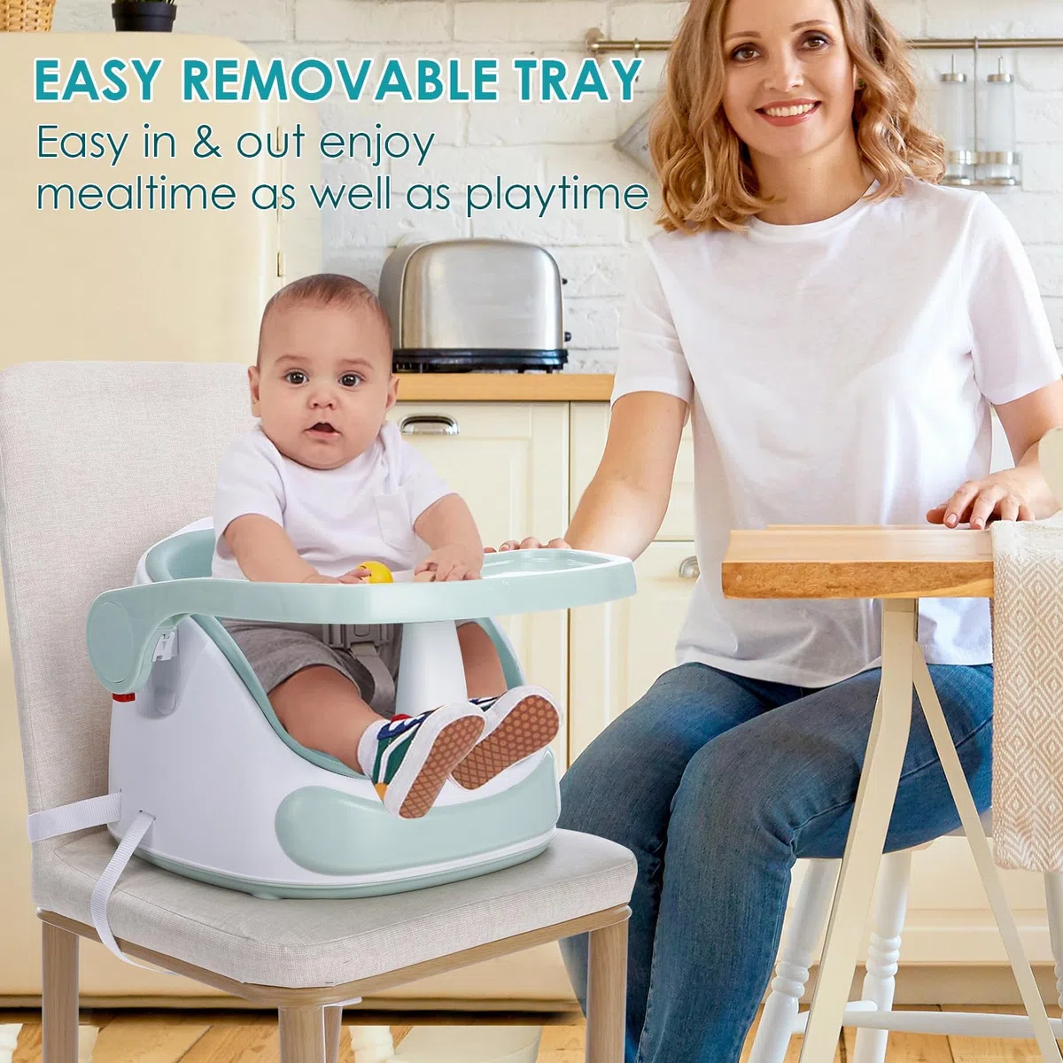 Kindersitzerhöhung,Baby Booster Sitz mit Extra-Großem Tablett, Sicherer & Leichter Tischsitz für Kinder, Baby Sitzhilfe, Einfach zu Reinigen, Weiß (40x47x30 cm)