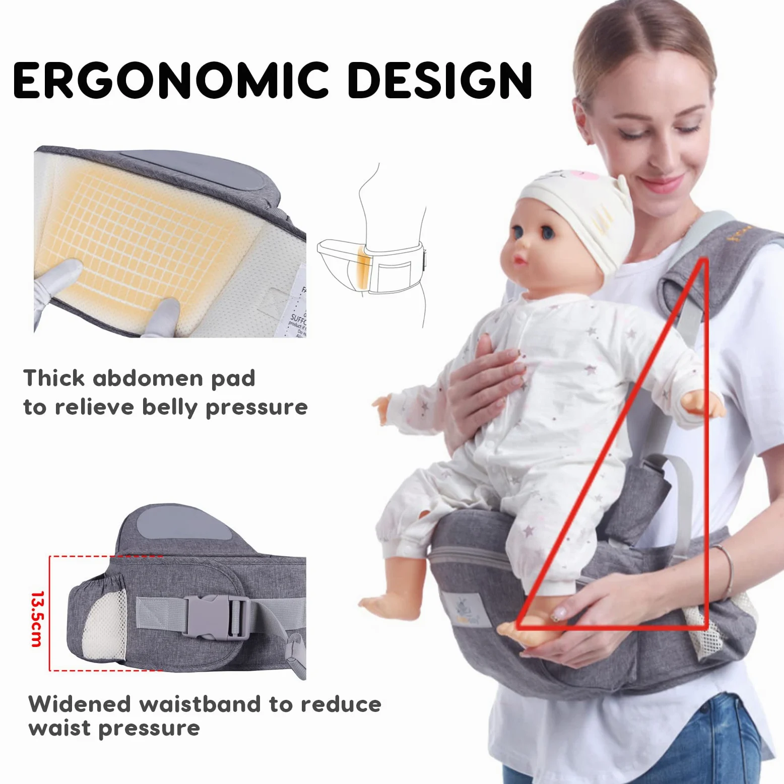 SONARIN Multifunktionale Baby Hüftsitz,Ergonomischer Taille Hocker Babytrage Hipseat Hüfttrage Bauchtragen mit Sicherheitsgurt & Schultergurt für Baby Kleinkinder 0-24 Monaten(Grau)