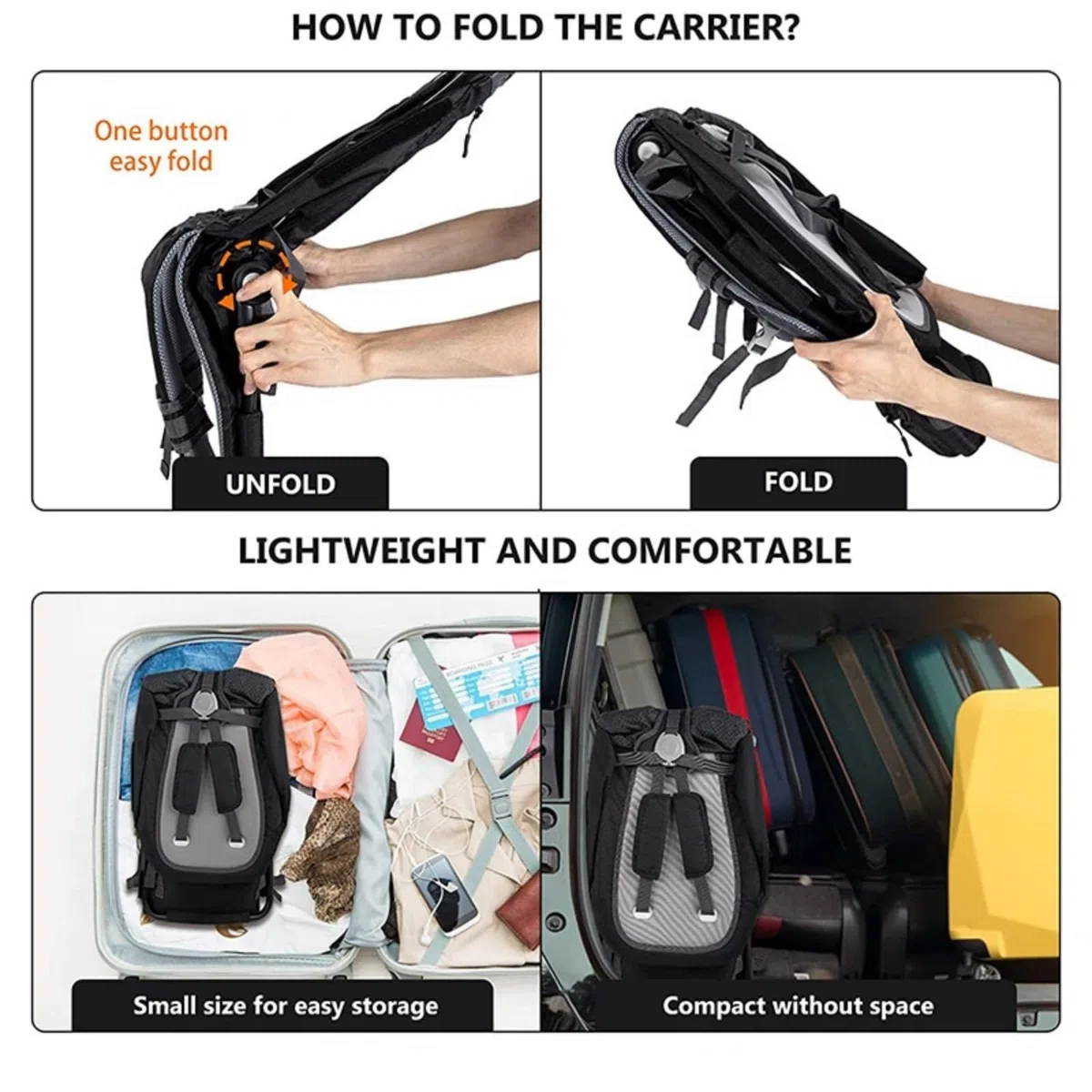 Babytrage zum Wandern – Ergonomischer Rucksack mit verstellbaren Trägern, leicht und faltbar, integrierter Sonnen- und Regenschutz, freihändige Kleinkindtrage – Schwarz