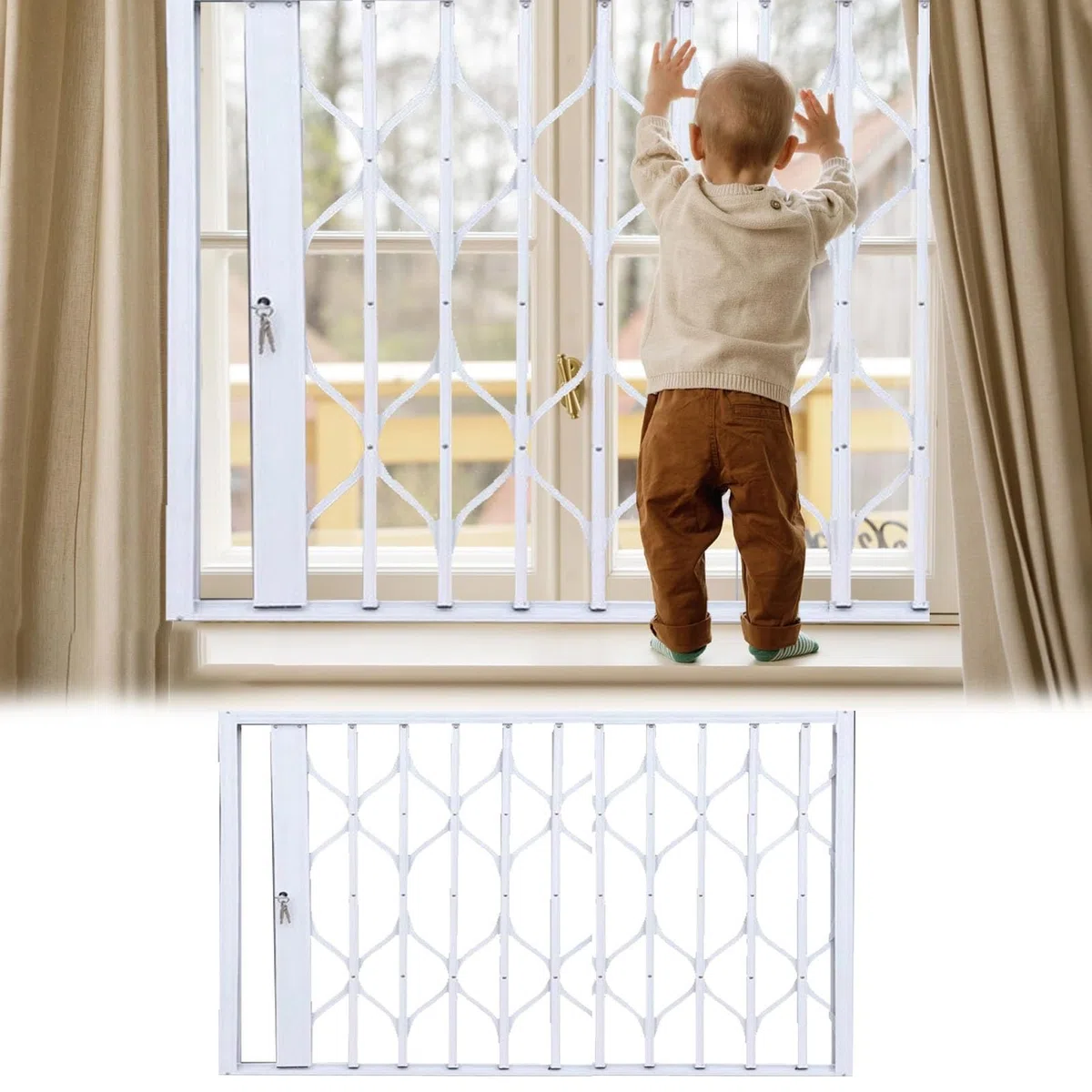 Fensterschutz für Kinder, Hurrikanbeständig, zusammenklappbares Netz aus Aluminiumlegierung, mit Schlössern, weißer Fensterzaun für Kinder (50 cm x 170 cm)
