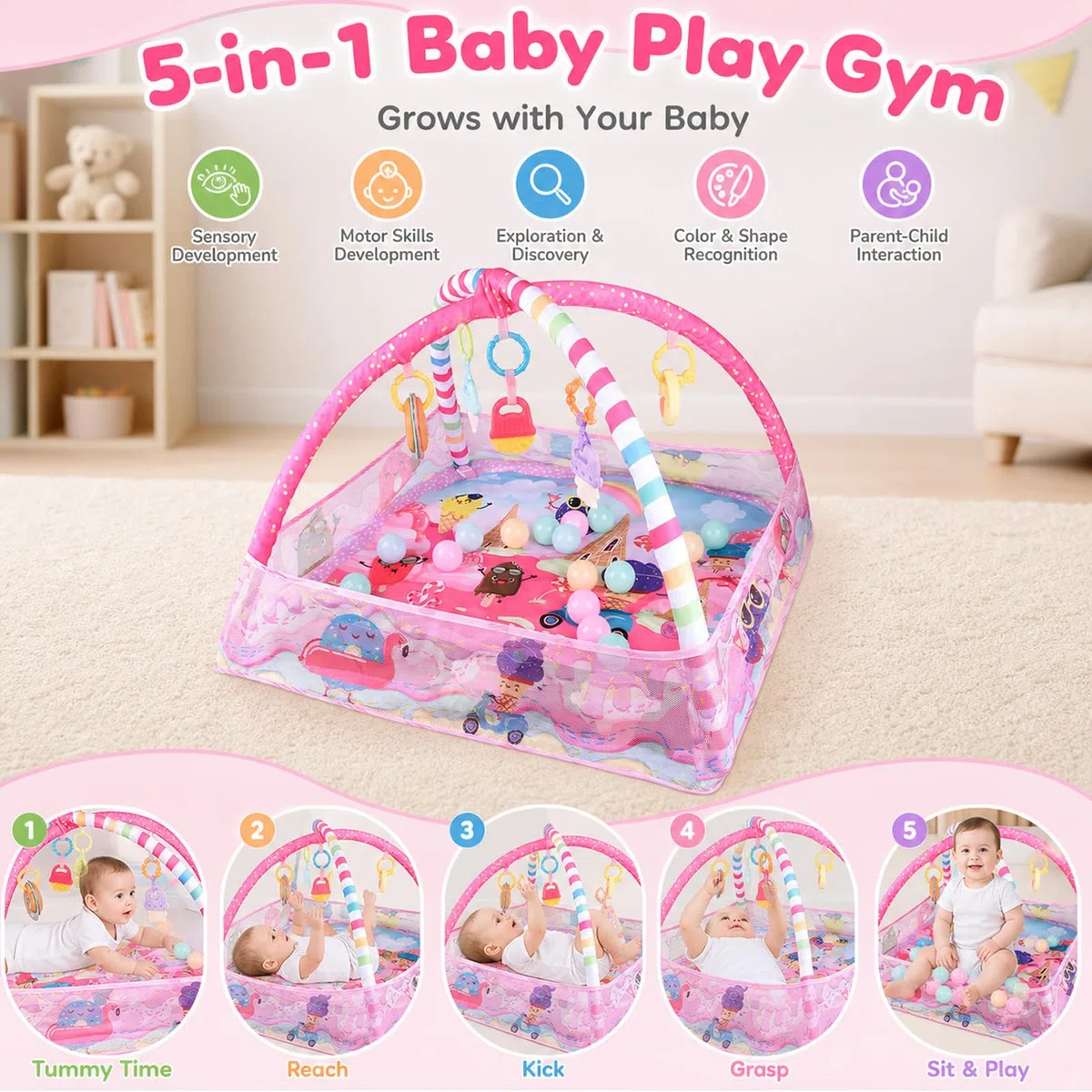 Bebamour Baby Spielmatten Bodenturngeräte von Geburt an, 18 Bälle, 5PCS Hängespielzeug, weiche Baby Play Activity Gym Spielmatten Bodenturngeräte für 0-24Monate(Pink)