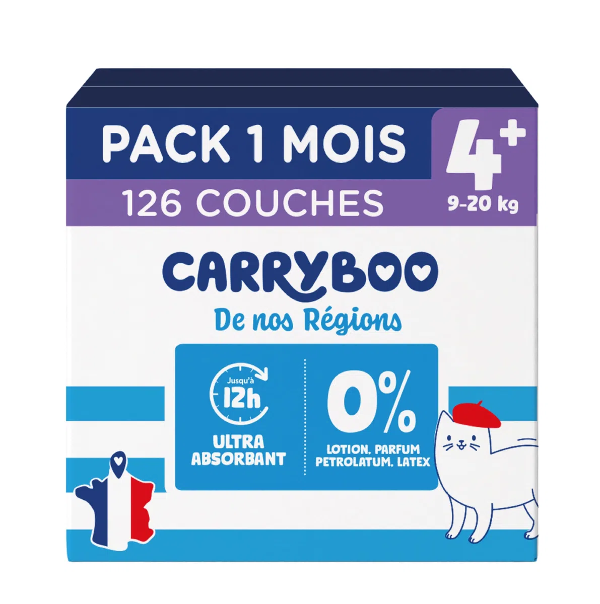 Carryboo - Windeln Größe 4+ (9 – 20 kg) – gesund und extrem saugfähig – 12 Stunden auslaufsicher – ohne unerwünschte Substanzen – hergestellt in Frankreich – erschwinglicher Preis – 126 Einwegwindeln