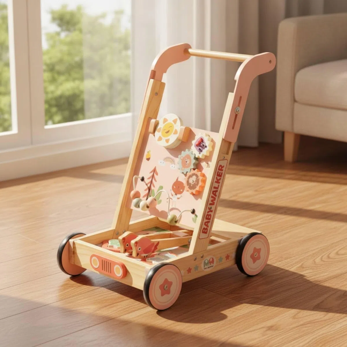 Amagogo Kinder Lernlaufwagen Holz Lauflernwagen Spielcenter Schiebewagen Aktivitätsboard mit Tiermotiven Zahnrädern Perlenbahn Robuster Rahmen Vier Räder