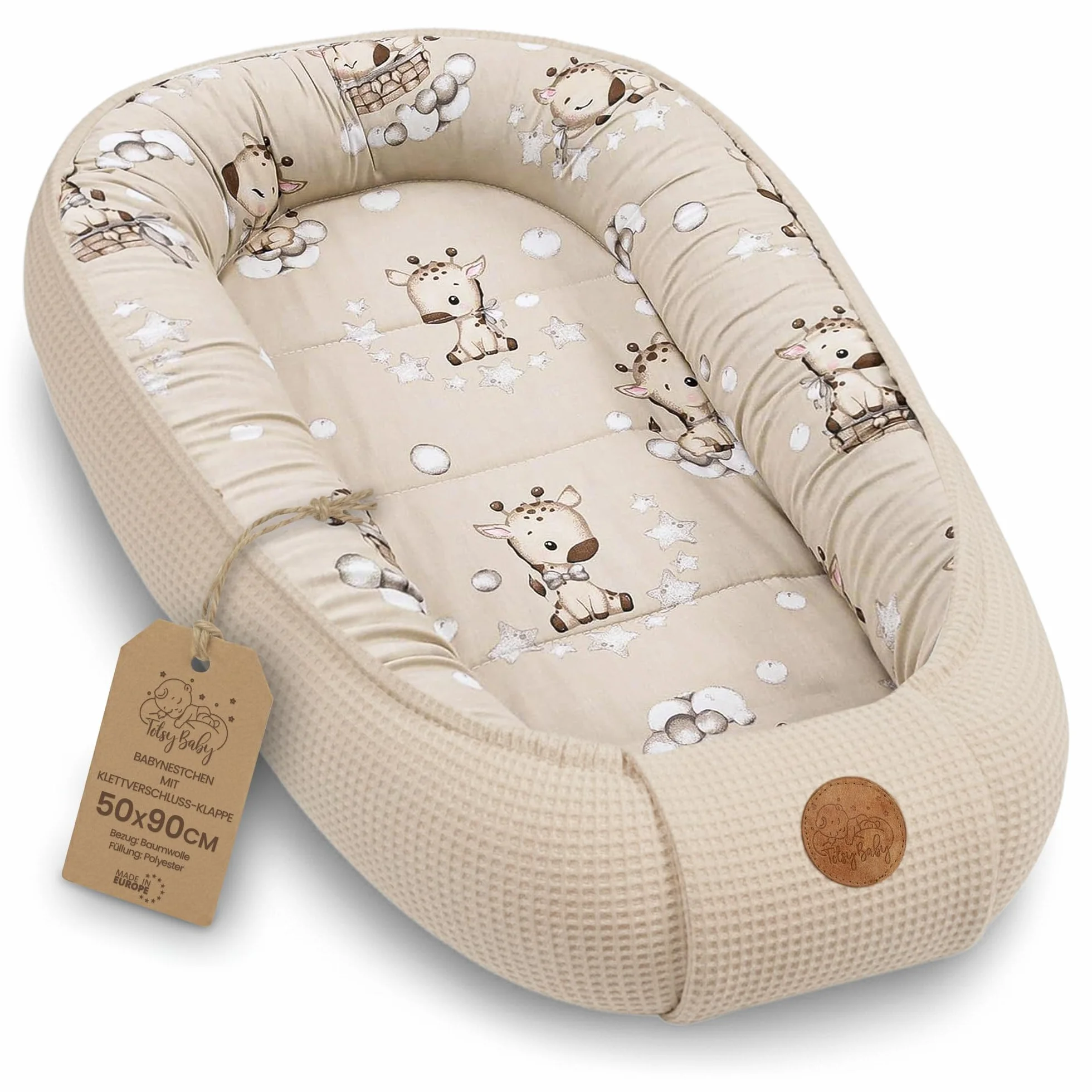 TotsyBaby Babynest Neugeborene Nestchen Baby 50x90cm - Kokon Handmade zweiseitig aus Baumwolle Waffel mit Babynestchen Giraffen