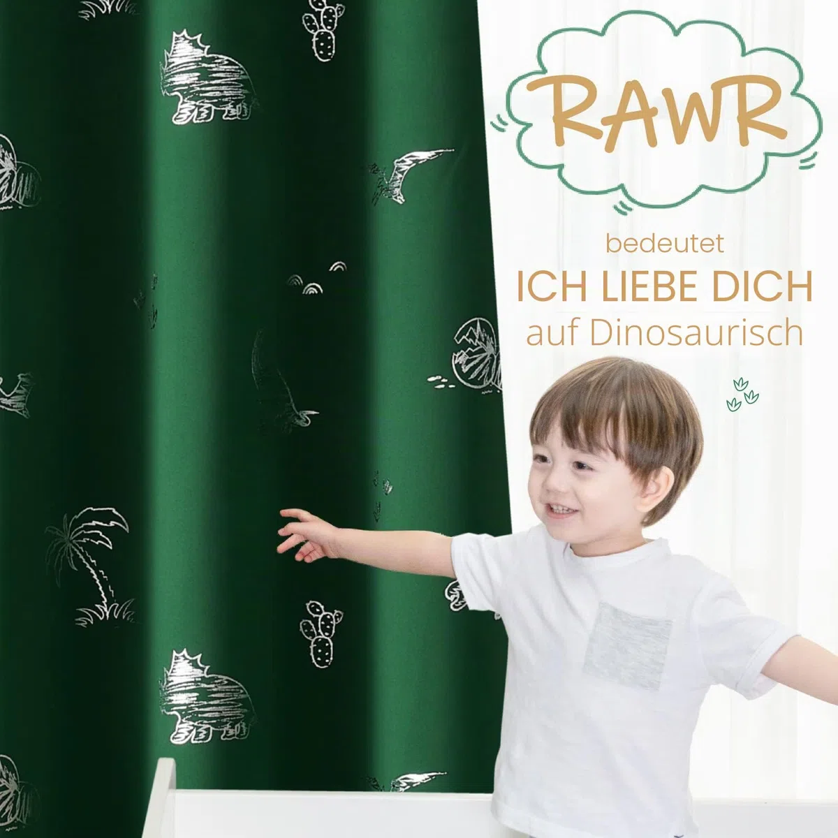 Vangao Kinder-Vorhänge, grün, verdunkelnd, Dinosaurier-Vorhänge für Jungen, Kinderzimmer, Mädchenzimmer, silberfarbener Dino-Foliendruck, wärmeisoliert, Ösen, Fensterbehandlungen, 160 cm Länge, 2