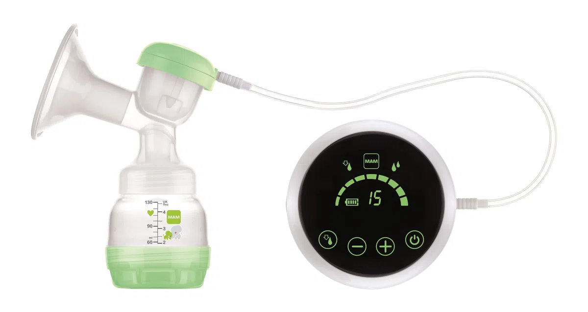 MAM Elektrische und manuelle 2-in-1-Milchpumpe, einfache und entspannte Handhabung, direkte Entnahme an der Flasche oder Konservierungsbehälter, Stimulation und Entnahme, digitales Display,