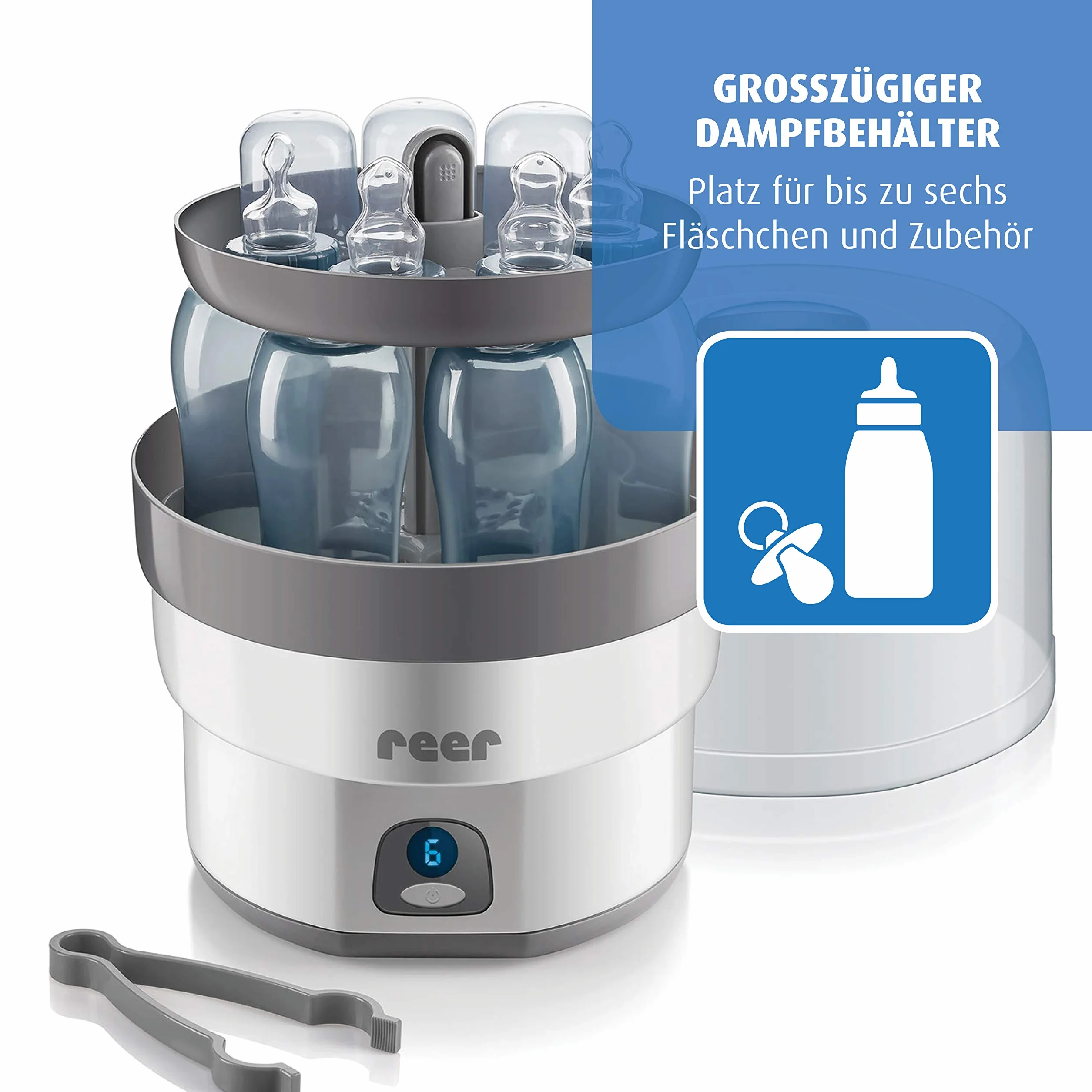 reer Vapomax Vaporisator | Babyflaschen Sterilisator, Dampfsterilisator für bis zu 6 Flaschen, Desinfektion von Babyfläschchen, Schnullern, Beißringen und Zubehör in nur 10 Minuten, ohne Chemikalien