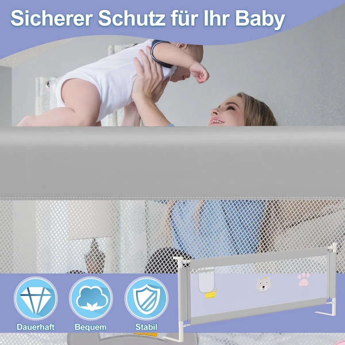 Bettgitter Rausfallschutz 2X 200cm+1X 180cm, Kinderbettgitter Höhenverstellbar 64-96cm, Bettschutzgitter für Kleinkinder, Babybettgitter mit Luftiges Netz -Grau