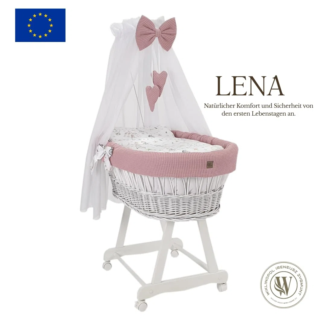 Stubenwagen Lena mit Baldachin – Babywiege mit Rollen, Matratze & Bettwäsche aus Waffelstoff mit Rosa - mit Zirkusmotiv, handgefertigt, weiß Moseskorb aus Weide