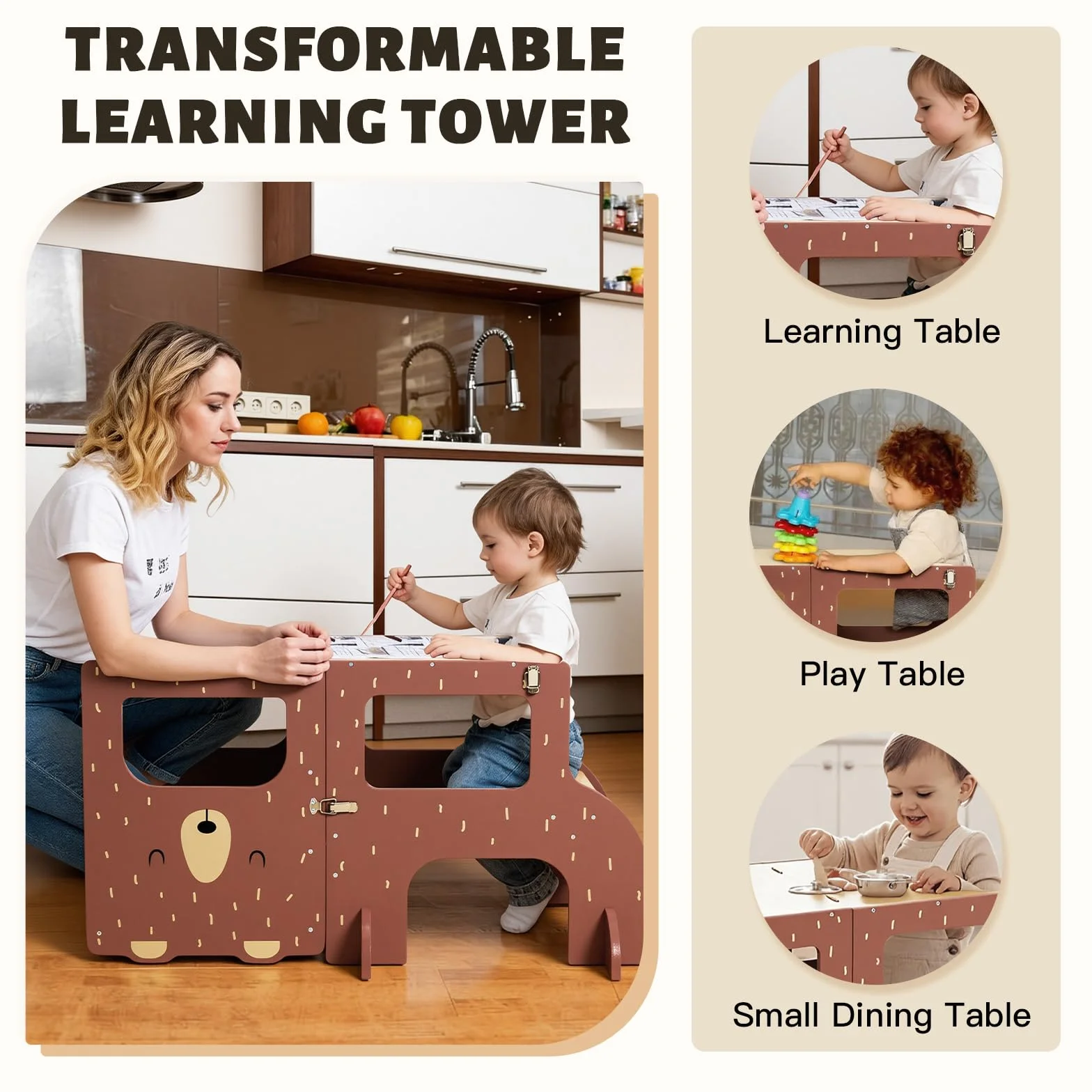 labebe lernturm ab 1 Jahr, Großformat Montessori Lernturm klappbar, 3 in 1 Multifunktion Learning Tower mit Zeichnung Kreidetafel-brauner Bär