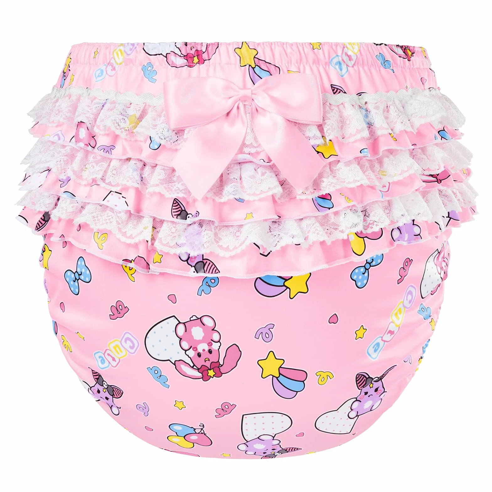LittleForBig Seidenartiger Waschbarer Wiederverwendbarer Wasserdichter Rüschenspitze mit Satinband Baby Usagi & Bella Muster Rüschen Erwachsene Windel Abdeckung Rosa L