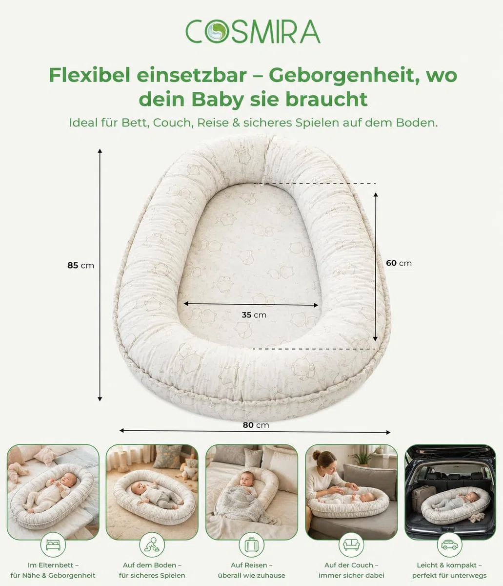 Babynest für Neugeborene – 100% Baumwolle, Oeko-TEX zertifiziert – Waschbares, atmungsaktives Nestchen für Bett, Sofa & Reisen