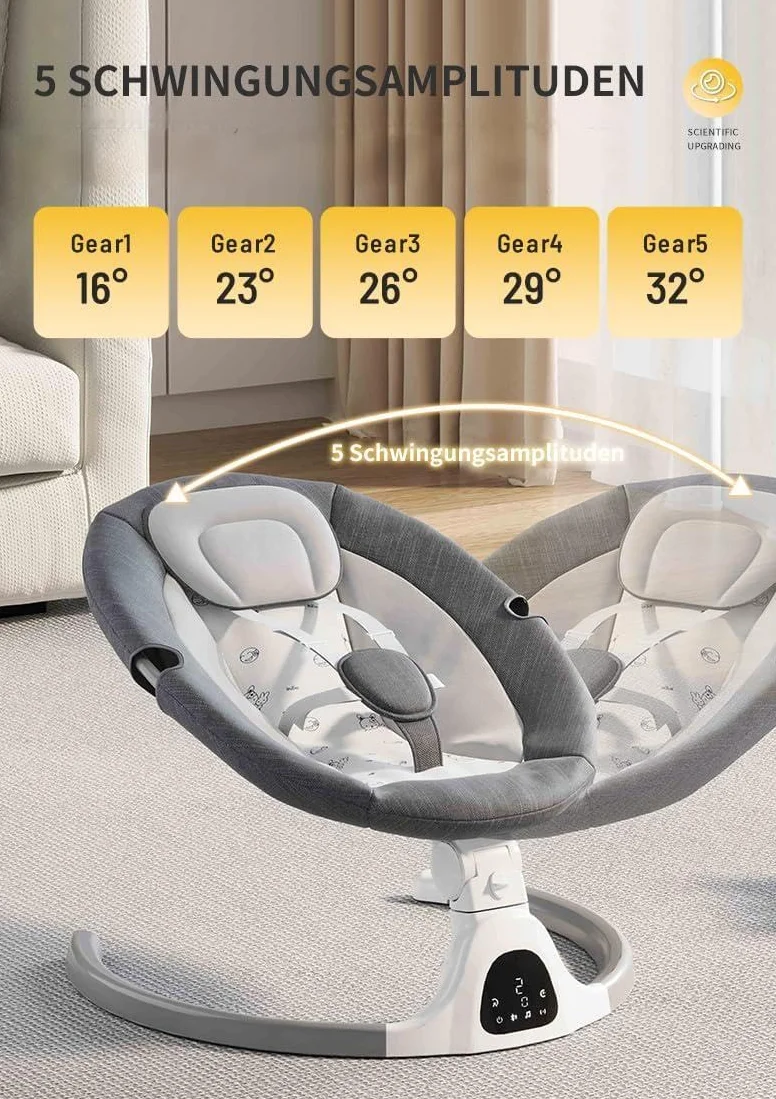 Bluetooth-Baby-Schaukel für Säuglinge, 5 Geschwindigkeit Musik-Lautsprecher mit 12 voreingestellten Schlaflieder, Fernbedienung Indoor-Baby-Wippe mit Touchscreen Stuhl für 0-9 Monaten (Khaki)