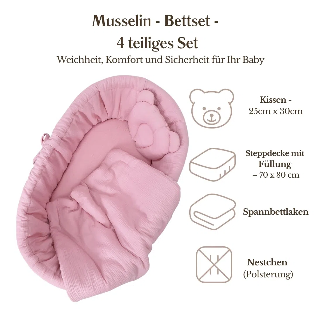 Wiklinopol Stubenwagen aus Weide mit Gestell & Matratze Amelia – Moseskorb in Grau – Set Musselin-Bettwäsche in Rosa – Weidenkorb, Tragbar, Ideal für Neugeborene