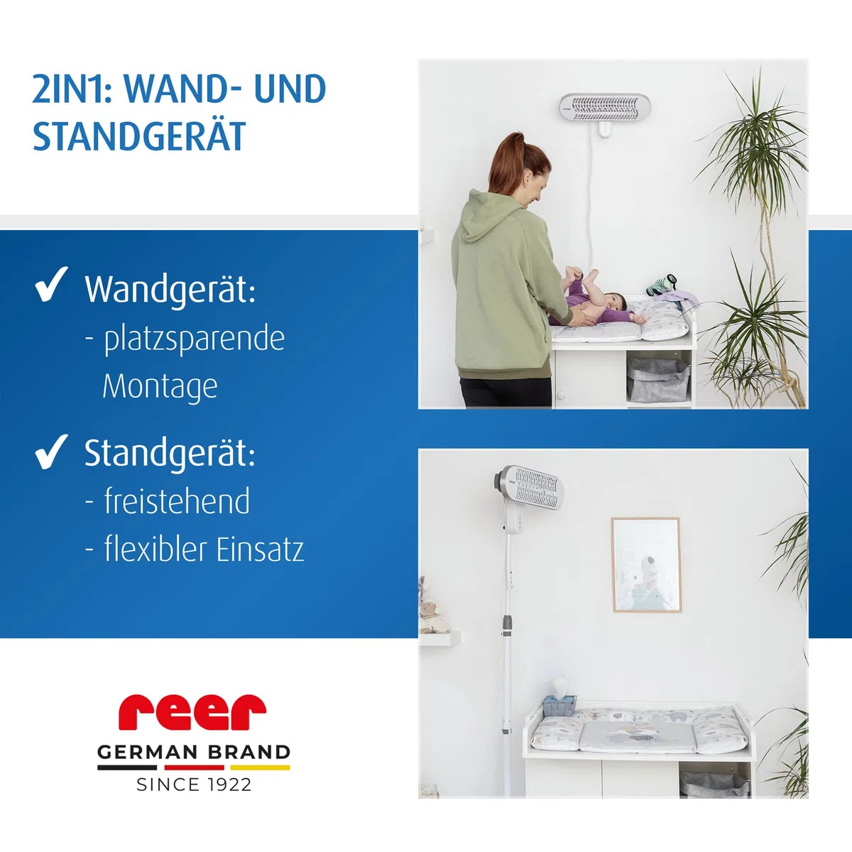reer HeatCare+ Flex Wickeltisch-Wärmestrahler | EcoHeat Carbon Heizelement | Infrarot-Heizstrahler mit Standfuß & neigbarem Kopf | Wärmespender für Babys | Energiesparend | 2in1 Wand- oder Standgerät