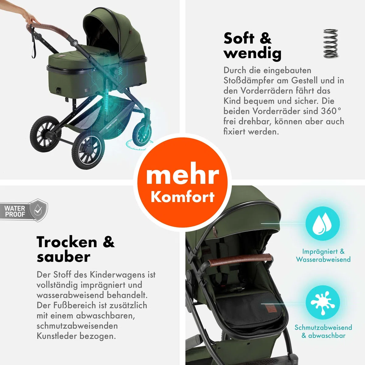 Daliya® FLEXI-PRO M 3in1 Kinderwagen & Buggy mit i-Size Babyschale, Viel Zubehör (Olivgrün)