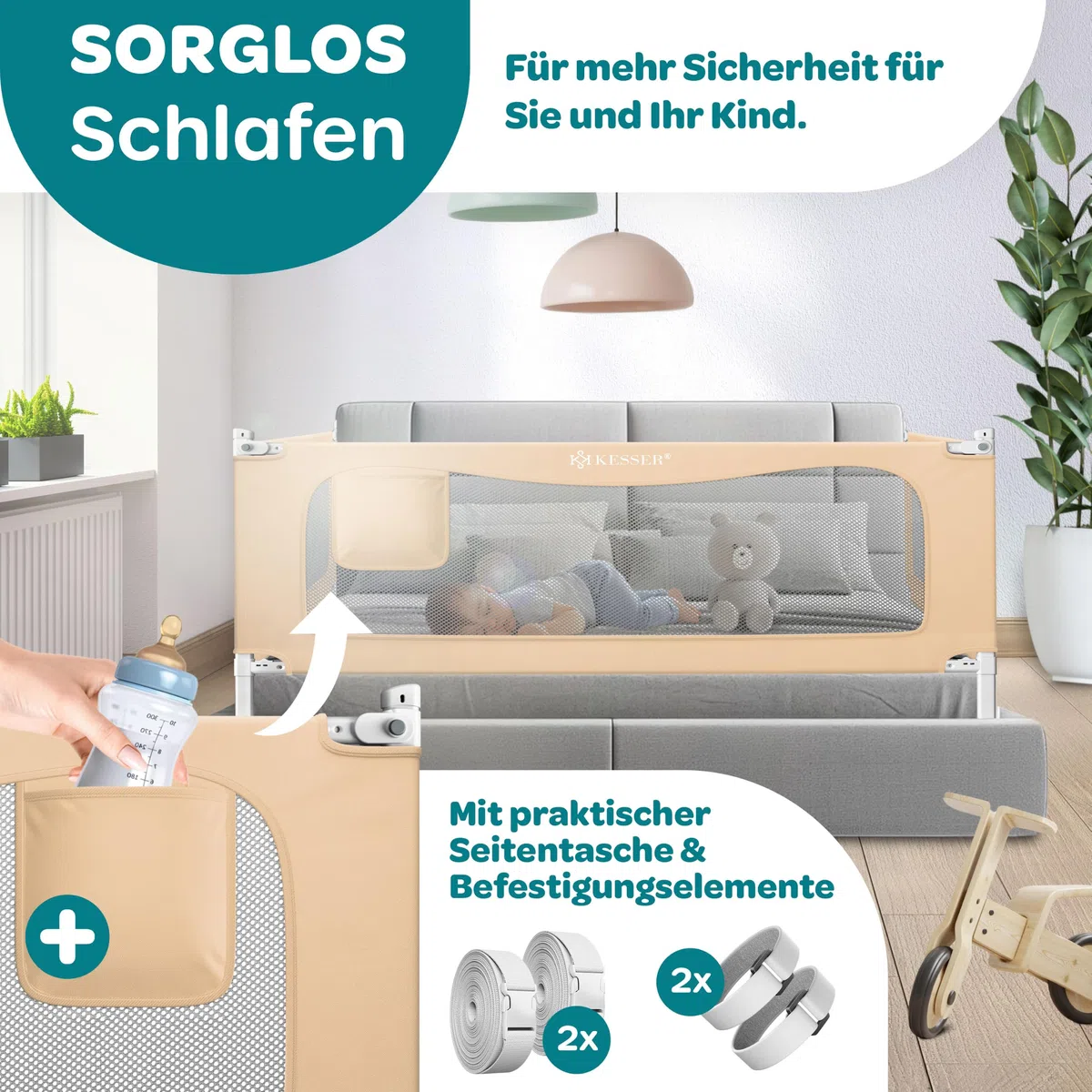 KESSER® Bettschutzgitter 180 cm, Bettgitter Kinderbett höhenverstellbar | Rausfallschutz Bett für Baby & Kleinkind mit Kindersicherung, vertikal absenkbar, leicht montierbar, waschbar, Beige